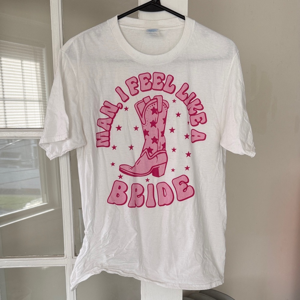 White T-Shirt with Pink Bride Graphic